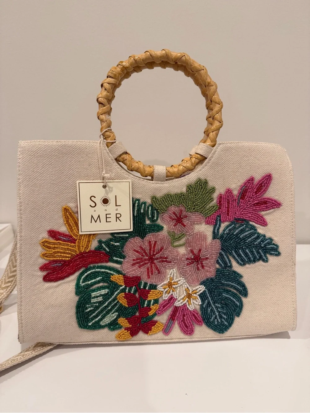 Cream Floral Embroidered Canvas Tote with Woven Handles